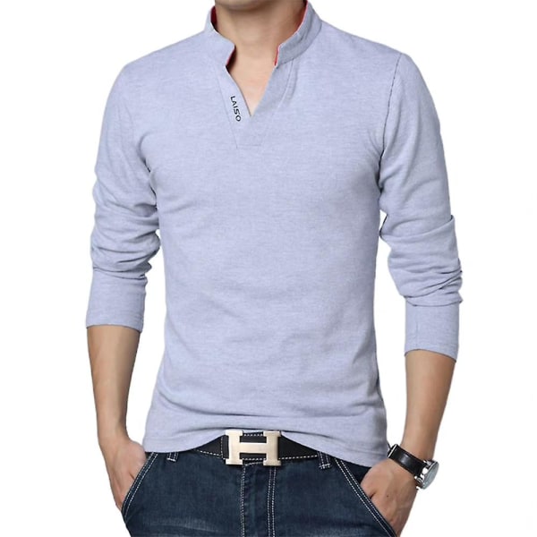 Herr Solid Slim Fit Henley Skjorta Casual Långärmad Ståkrage V-ringad Tee T-shirt Grey XL