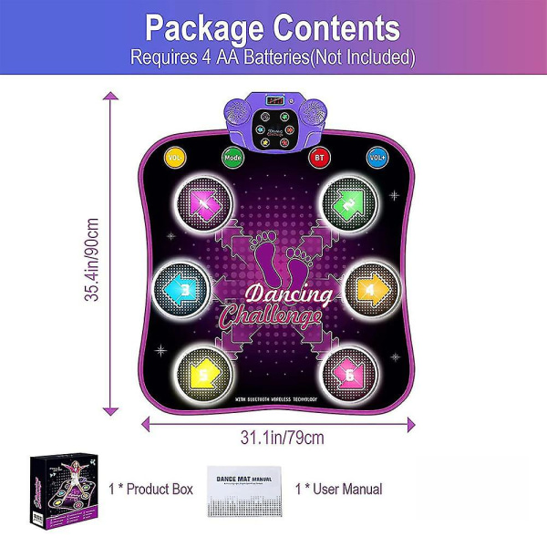 Dansematte for barn 3 4 5 6 7 8 9 10+ år med Bluetooth, musikkdansepad med lysende 6 piler, elektronisk danselekematte med 5 spillmoduser