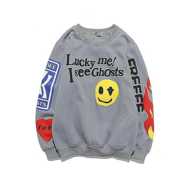 Herre- og damepar tøj Kanye sweater trendy mærke smiley print løs rund hals herre- og dame fleecejakke gray M
