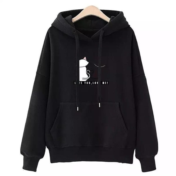 Dame Fleeceforet Hættetrøje med Katteprint, Afslappet Løs Varm Vinter Hættetrøje med Snøre, Pullover Toppe Black 3XL