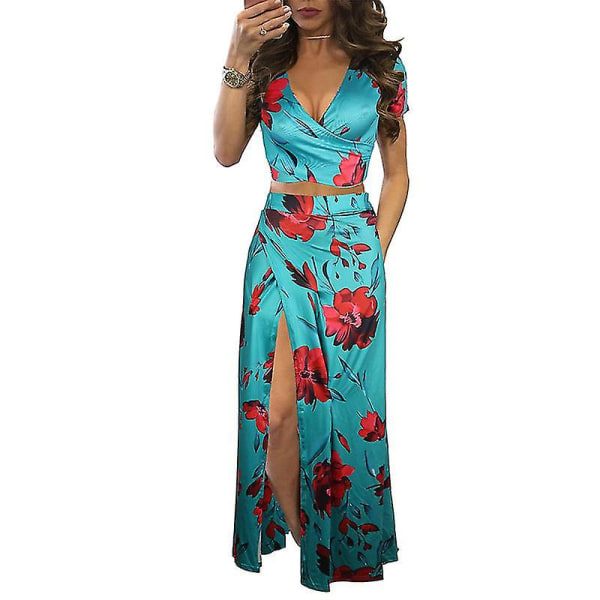 Dame V-hals Ferie Nederdel Sæt Print Crop Top Og Nederdele 2-delt Sæt Høj Talje Dragt Green Red Flower L