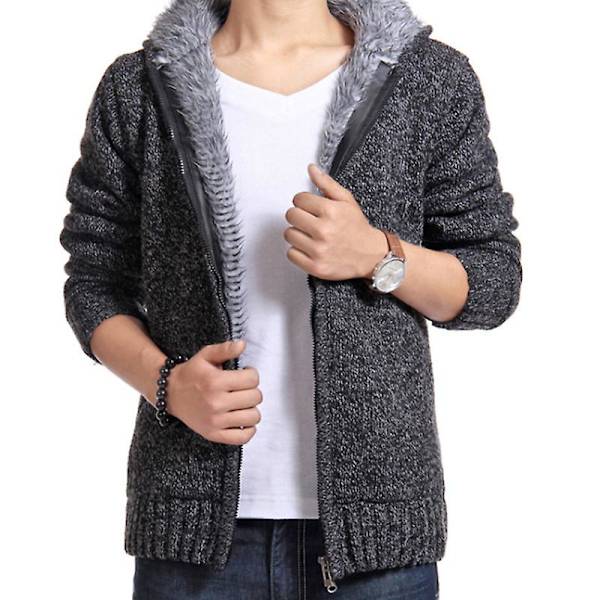 Stickad fleecefodrad termisk vintertröja för män Jacka med huva ytterkläder Dark Grey L