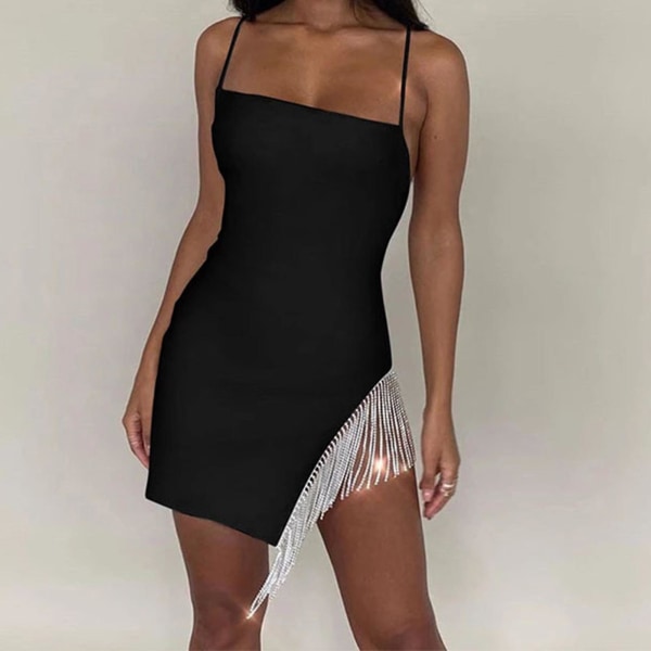Sexy Mini Kjole med Dusker for Kvinner, Stroppekjole, Bodycon Klubbantrekk for Fest, Cocktail, Ferie Black L