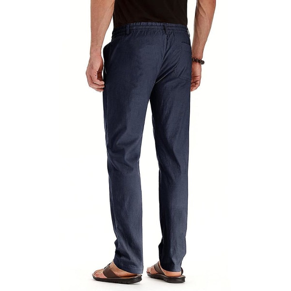 Herre Solid Elastisk Midje Lange Bukser Snøring Rett Ben Casual Bukser Navy Blue XL