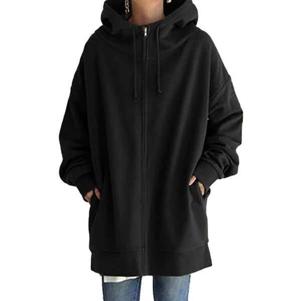 Dam Solid Full Zip Hoodies Coat Casual Outdoor Loose Långärmad Huva Fickor Jacka Ytterkläder Black 2XL