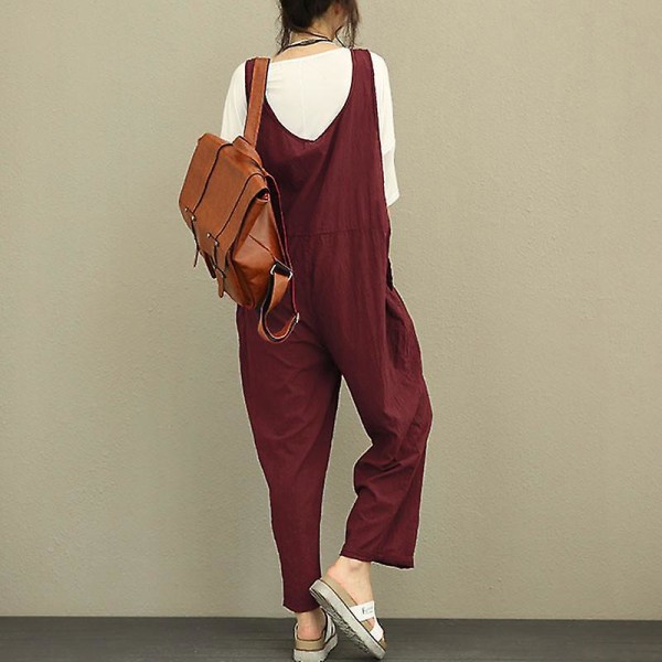 Dam Casual Solid Jumpsuit Lös Baggy Linne Dungarees Byxor Playsuit Overall Romper Wine Red XL