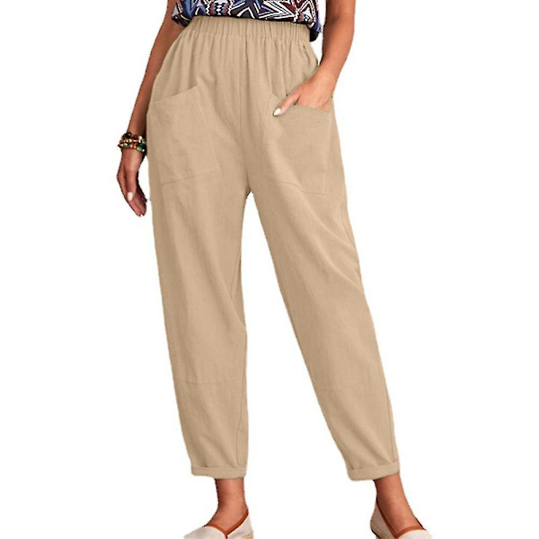 Cropped bukser med elastisk talje, løse, afslappede, lange, ensfarvede bukser Khaki L