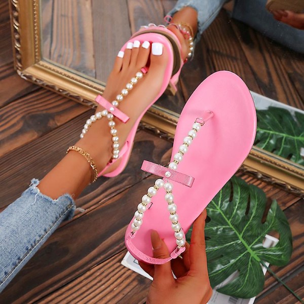 Sommer Damesandaler Flade Klip Tå Perle Reb Sandaler Stor Størrelse Damesko Strand Pink Sko Hældning Hæl Sko White 41