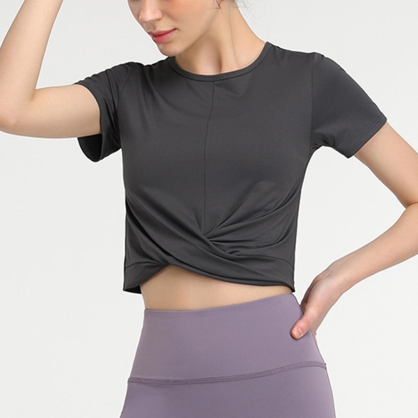 Sommer Crop Sports Topp for Kvinner, Ensfarget Kort Erme Twist Front T-skjorte For Casual Stil, Sport og Hjemmebruk Asphalt Grey S