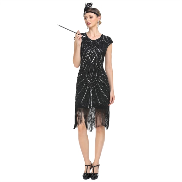 Vintage Flapper Klänningar från 1920-talet för kvinnor Kristallpärlfransade Great Gatsby-klänning Black Black S