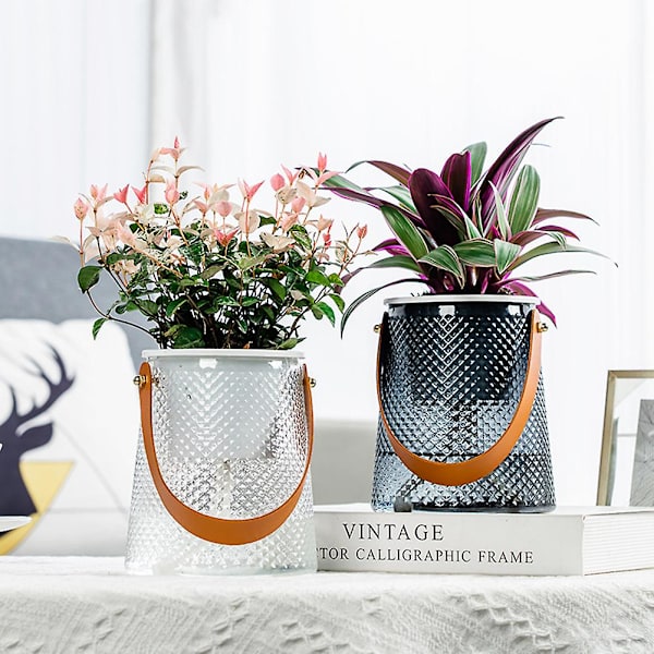 Imitert blomsterpotte i glass med skinnhåndtak, selvvannende potte for hjemmehage Transparent Gray