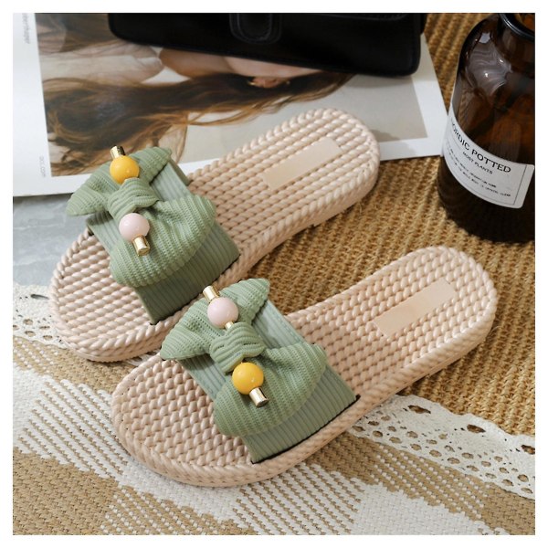 Søde sløjfe slippers til kvinder, afslappede sommer flade skridsikre sandaler til hjemmet R Green 36