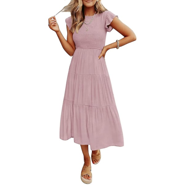 Sommerlig afslappet midi-kjole til kvinder med korte flæseærmer, rund hals, smock og elastisk talje Darkpink XLarge
