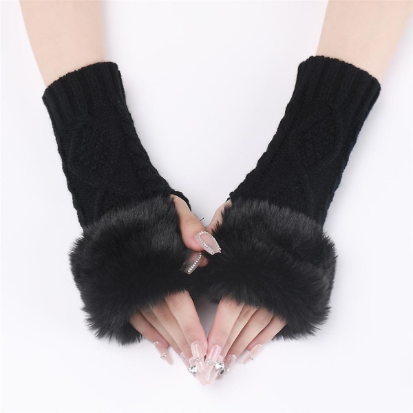Kvinnors fluffiga fuskpäls fingerlösa handskar vinter varma stickade vantar arm handvärmare Black