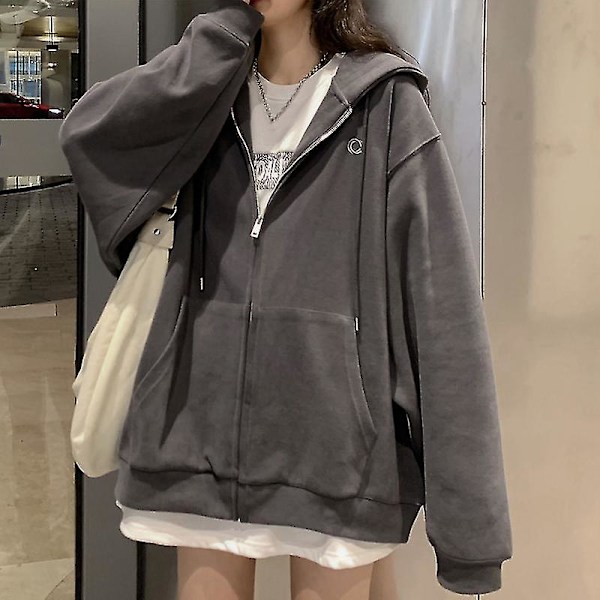 Damhuvtröja med dragkedja, enfärgad ficka, sweatshirt, höst, långärmad, lös basebolljacka EA00513*GREY M