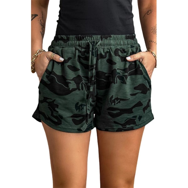 Naisten joustava vyötärö kiristysnyörillä urheilushortsit kesä rento camo kuumat housut taskuilla Army Green M