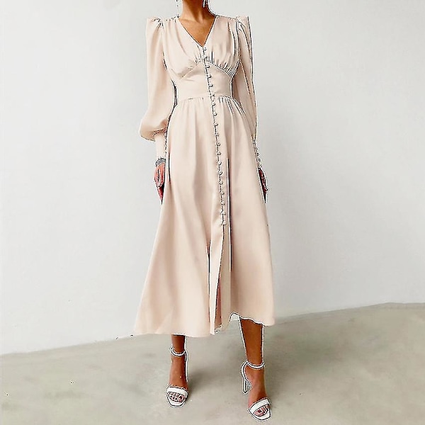 Satengkjole Dame Design Lanternermer Ermer Smal Midje Europa Og USA Temperament Slank Lang Kjole beige L