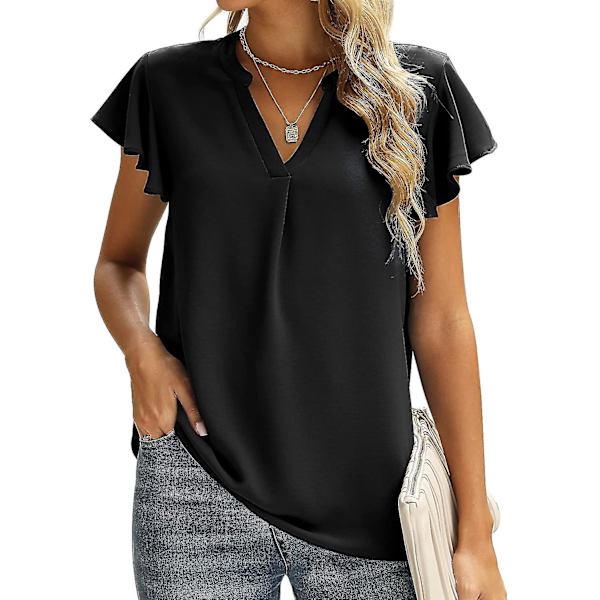 Dam Sommar Casual Delad V-ringning Chiffongblusar Lös Tunika Kortärmade Toppar 04black Large