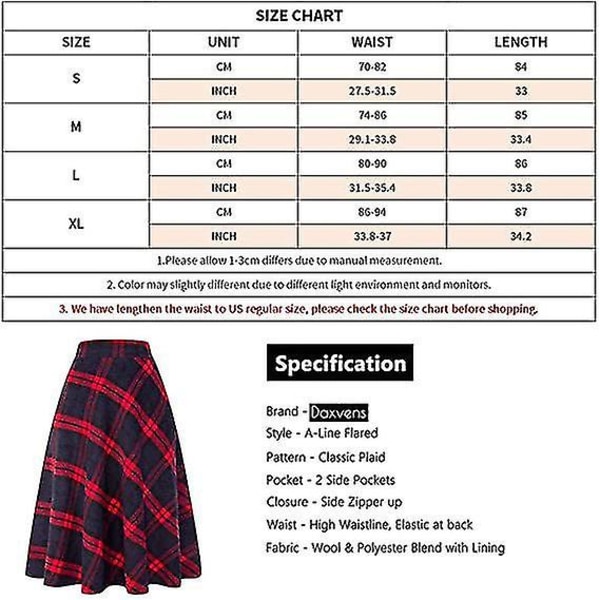 Dame Høy Elastisk Midje Maxi Skjørt A-linje Rutete Vinter Varm Flare Lang Skjørt L Mid-calf Black*white Small