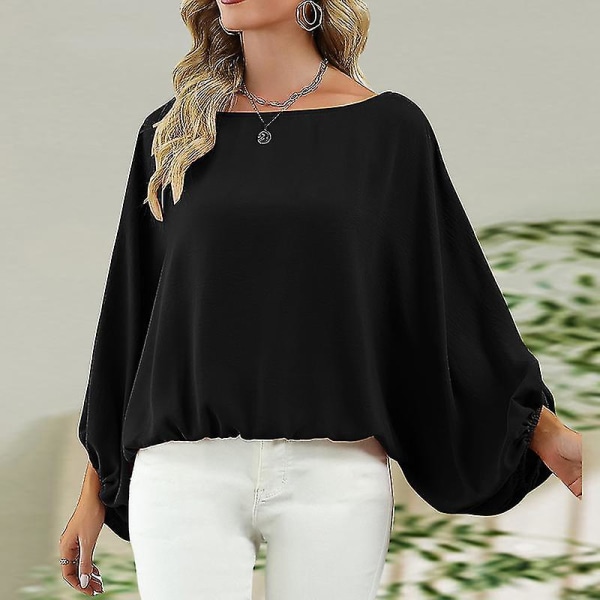 Dam off Shoulder Tee Elastisk manschett Loungewear Tunika Blus Bat Sleeves Pullover Black XL