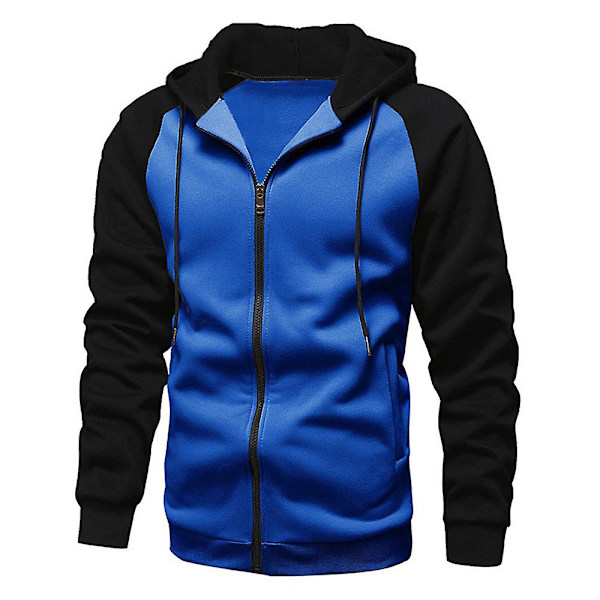 Fleecehettegenser med glidelås for menn, avslappet Colorblock hettegenser Royal Blue Black M