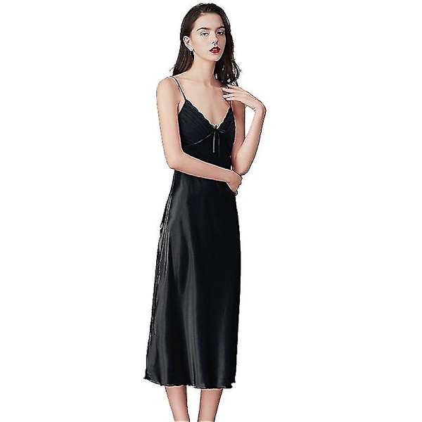 Dam Satin Nattlinnen Lång Chemise Sexig Ärmlös Sidoslits Nattklänning Spaghettiband Sovkläder Black M