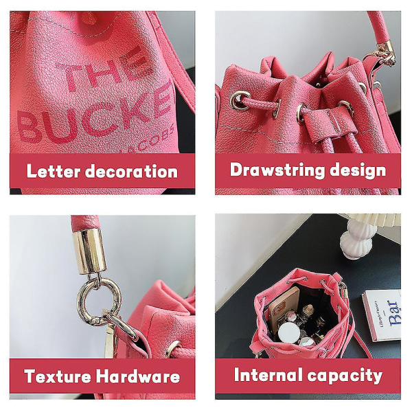 Dame Bucket Taske Pu Læder Justerbar Snøre Håndtaske Tote Crossbody Skuldertaske Pink