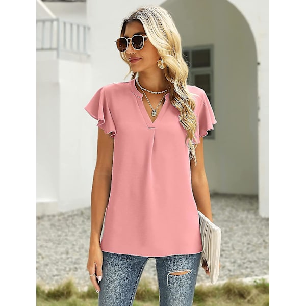 Dam Sommar Casual Delad V-ringning Chiffongblusar Lös Tunika Kortärmade Toppar 06coral XLarge