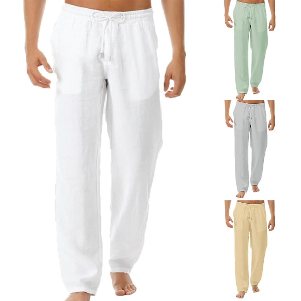 Herre Bomull Lin Bukser Casual Snøring Strand Yoga Løse Lange Bukser Green 3XL
