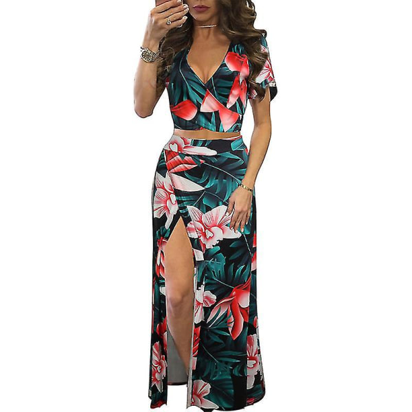Dame V-hals Ferie Nederdel Sæt Print Crop Top Og Nederdele 2-delt Sæt Høj Talje Dragt Green Red S