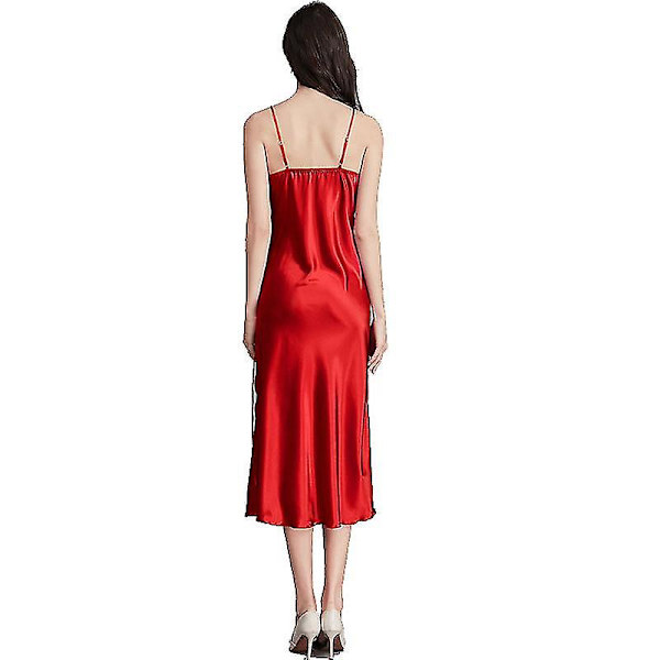 Dam Satin Nattlinnen Lång Chemise Sexig Ärmlös Sidoslits Nattklänning Spaghettiband Sovkläder Red M