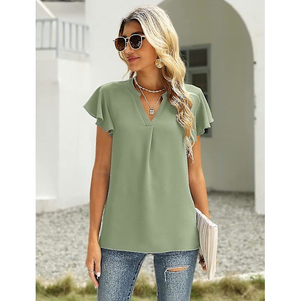 Dam Sommar Casual Delad V-ringning Chiffongblusar Lös Tunika Kortärmade Toppar 03green XLarge