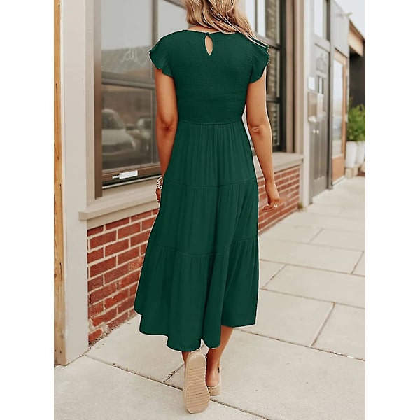 Sommarklänning för damer, ledig, med korta fjärilsärmar, rund hals, smockad resår i midjan och volangkjol i midilängd Forestgreen XLarge