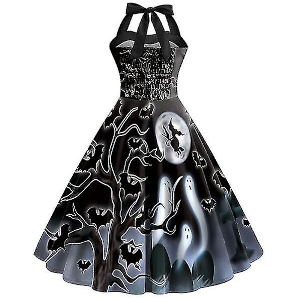 Halloween Dame Græskar Flagermus Spøgelse Skelet Print Ærmeløs Rund Hals Afslappet Kant Kjole COLOR 6 XL