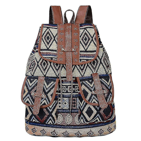 Etnisk stil retro mönster ryggsäck canvas damväska mode personlighet resor dragsko liten B color-4