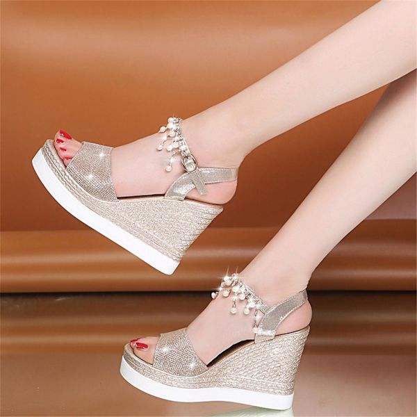 Flatform Wedge Sandaler för Dam, Espadrille Wedge Klack Sandaler med Pärlor, Ankelrem, Födelsedagspresenter för Damer Gold 40