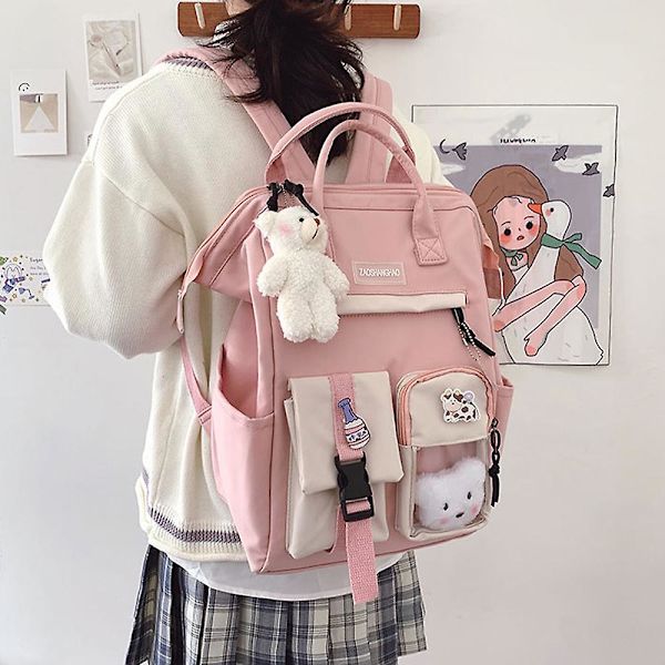 Ryggsäck för Kvinnor Tonåringar Flickor Kawaii Söt Björn College Studenter Rese Casual Skolväska Pink