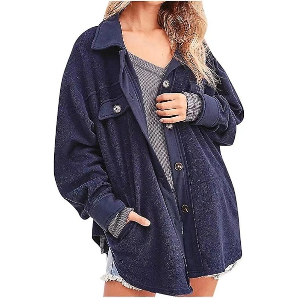 Lös Passform Damjacka Knäppning Polar Fleece Ytterkläder Kappa Med Fickor Blue M
