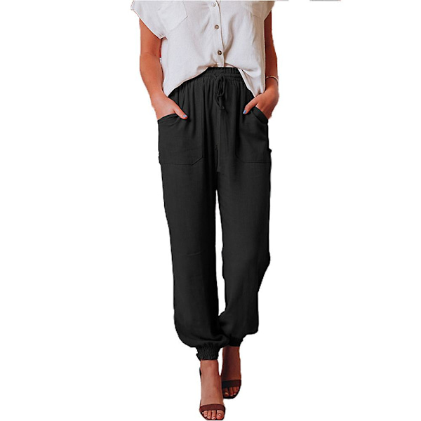 Dam Enfärgad Elastisk Midja Dragsko Joggers Snörning Långbyxor Casual Byxor Black M