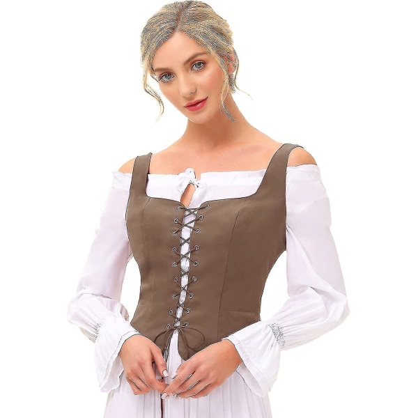 Dame Pirat Renessanse Vest Cosplay Kostyme Bonde Livstykke Coffee 3X-Large