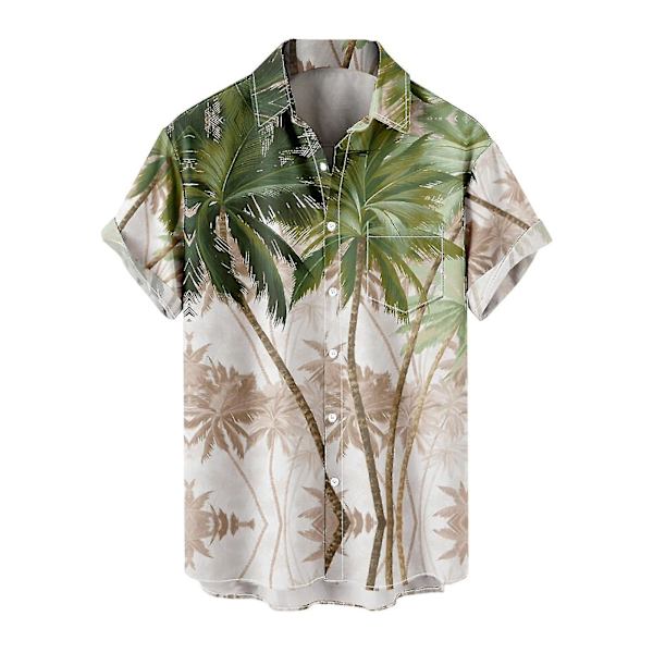 Herre Lapel Brystlomme Hawaiisk Trykk Løs Kort Ermet Skjorte Green XXL
