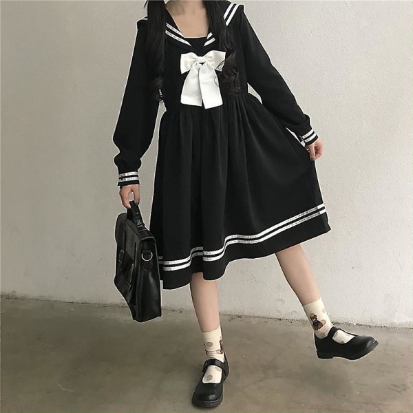 Svart Lolita Klänning Kvinnor Rosett Patchwork Lös japansk Preppy Style Sjömanskrage Kawaii Långärmad Klänning Jk Girl Outfit XL Black