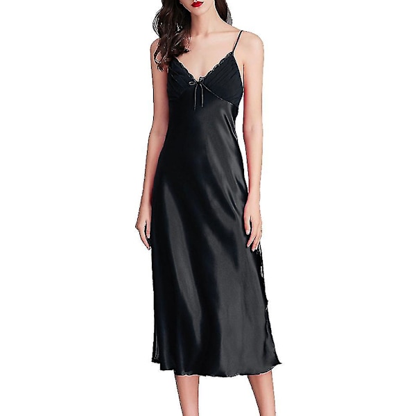 Dam Satin Nattlinnen Lång Chemise Sexig Ärmlös Sidoslits Nattklänning Spaghettiband Sovkläder Black M