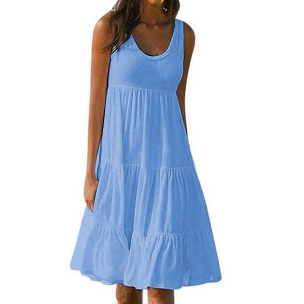 Dam Solid Ruffle Tank Klänning Sommar Casual Sundress Strand Semester Lös Ärmlös Midi Klänningar Plus Storlek Sky Blue XL