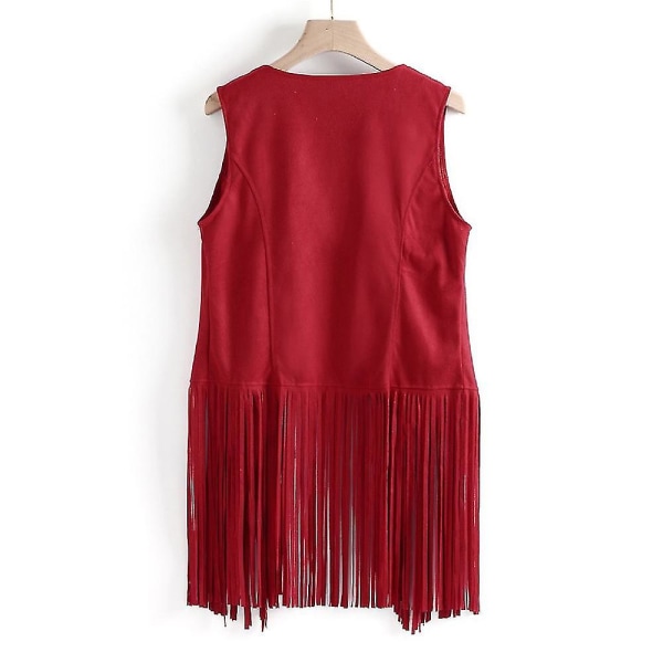 1970-talets Kvinnors Tassel Ärmlös Kavajslag Väst 70-talets Hippie Konstgjord Mocka Fransad Väst Kavaj Cardigan Red XL