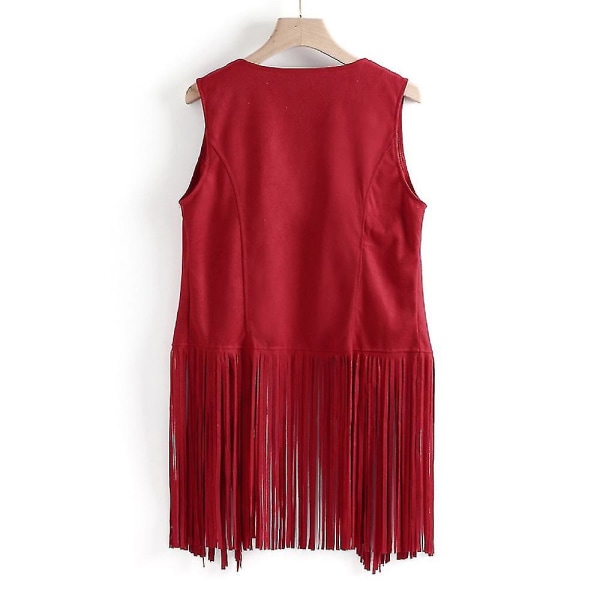 1970-tals Dam Tofs Ärmlös Kavajväst 70-tals Hippie Faux Mocka Fransad Väst Jacka Kofta Red L