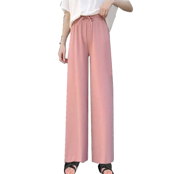 Dame Is Silke Brede Ben Bukser Løse Elastisk Talje Afslappede Sommer Lange Bukser-r Pink XXL