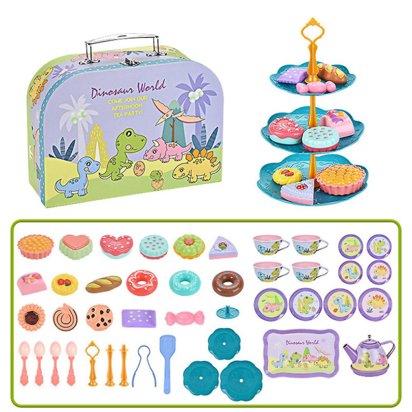 Kids Tea Pretend Toy Set, Princess Tea Party Leksaker Lekset, Tekanna Rätter Efterrätt med case Present för pojkar Flickor Dinosaur