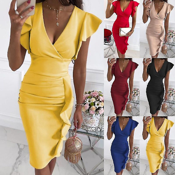 Dame V-hals Flæse Bodycon Midi Kjole Damer Plisseret Ol Arbejde Lille Festkjole Wine Red L