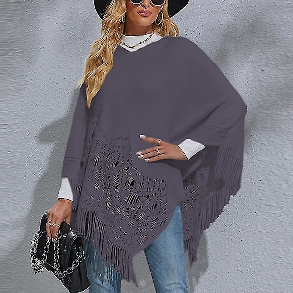 Dam Långärmad Poncho Tröja Ledig Arbets Pullover Cape Vinter Varm Stickad Kappa Gray L
